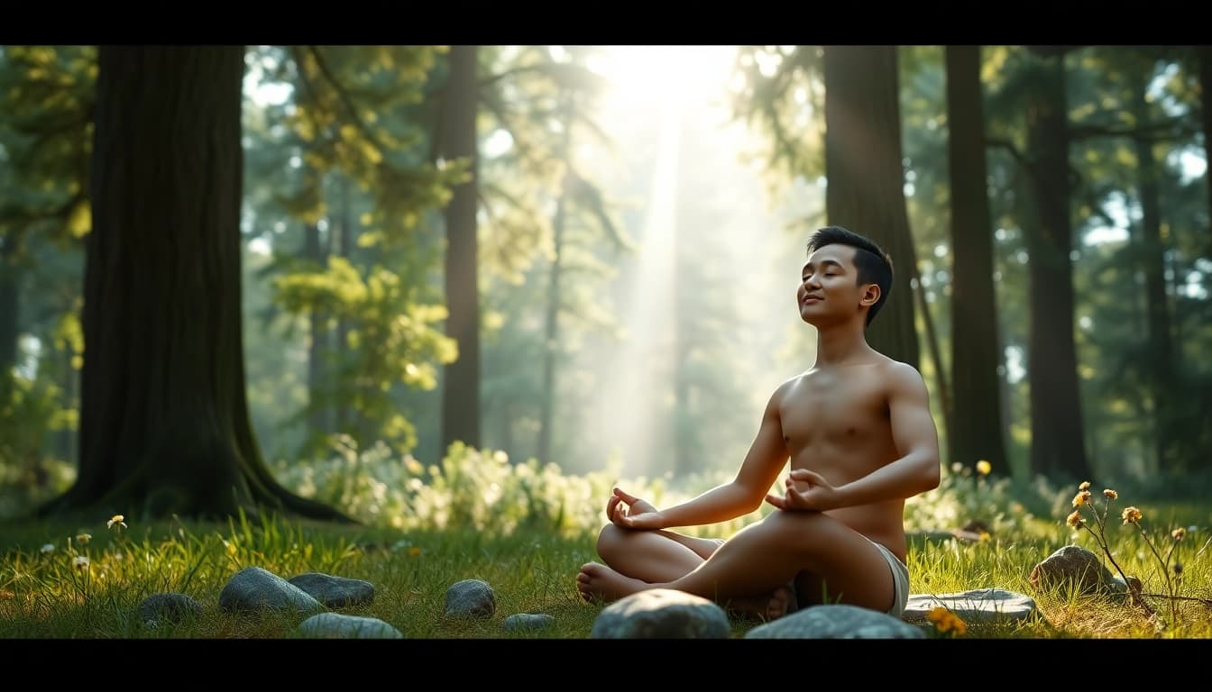 Meditate to reduce stress and anxiety with a person in a tranquil forest setting.
