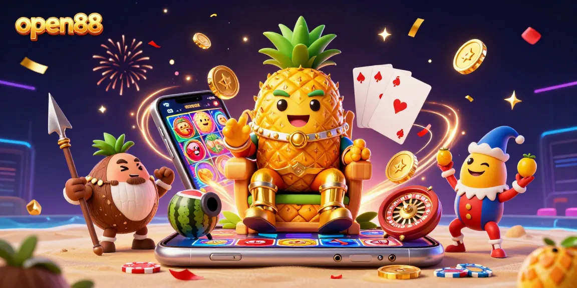 Open88 casino action scene showcasing a vibrant 3D illustration with characters and gaming elements.