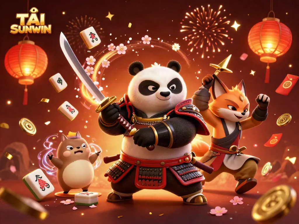 TẢI SUNWIN with vibrant characters and casino elements celebrating in a festive atmosphere.