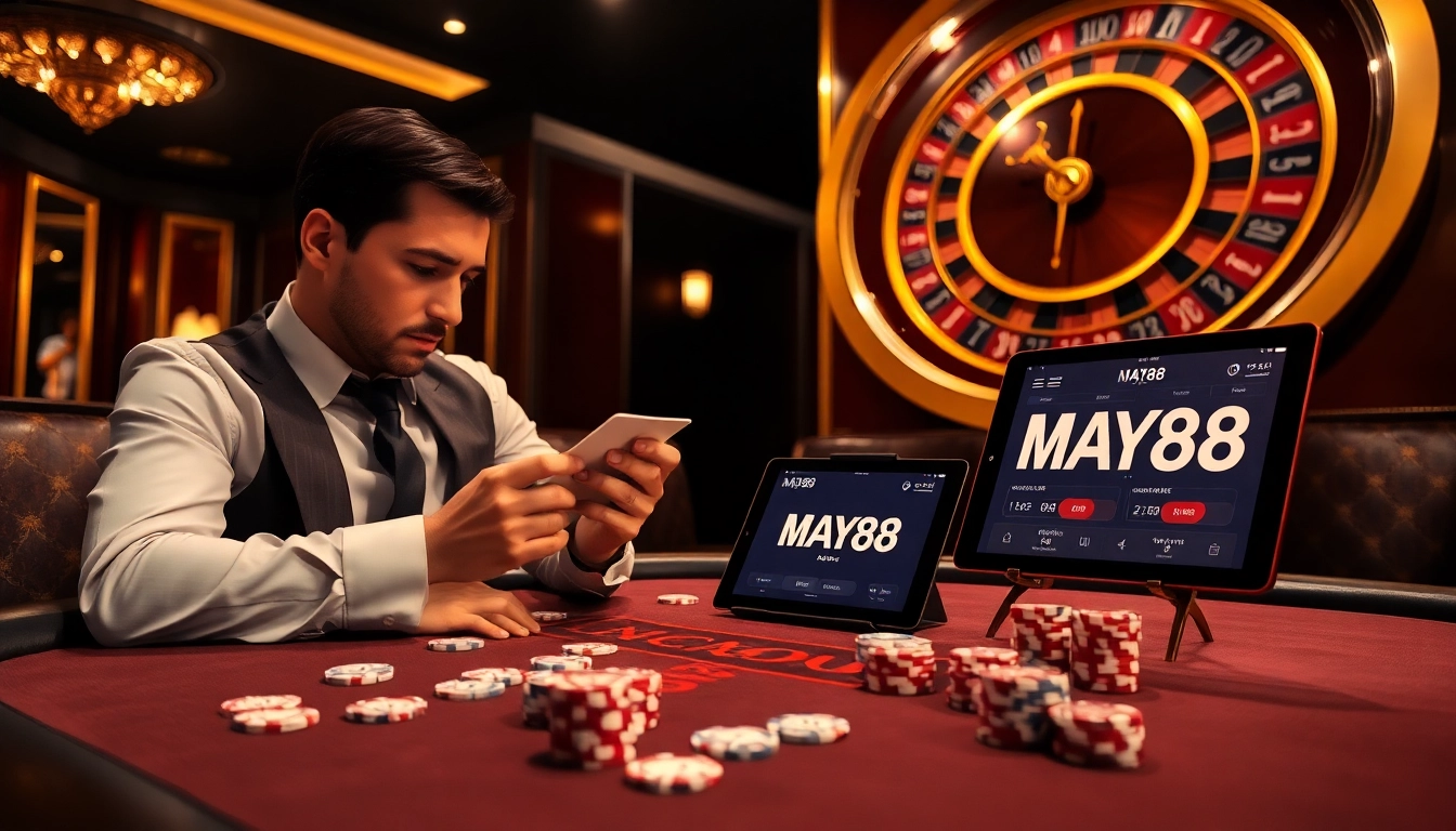 Engaging scene of a player at a blackjack table with MAY88 com đăng ký interface displayed on a tablet.