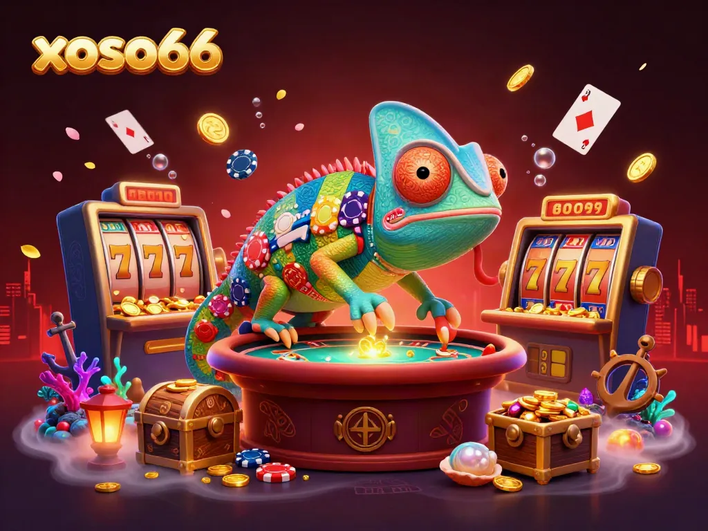Experience the vibrant world of xoso66 with a dynamic scene featuring a colorful chameleon casino owner amidst rich casino elements.