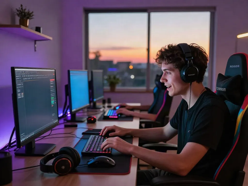 Engaged player enjoying MAN88 gaming experience on a laptop in a vibrant home setup.