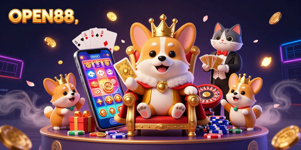 Experience interactive gaming at OPEN88 with a cartoon corgi king, golden cards, and a rich casino atmosphere.