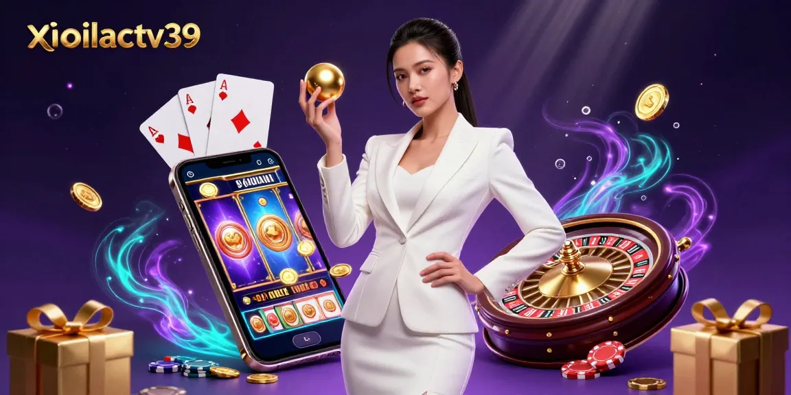 Experience premier gaming at xoilactv39 with a glamorous woman representing ultimate luxury in a vibrant casino scene.