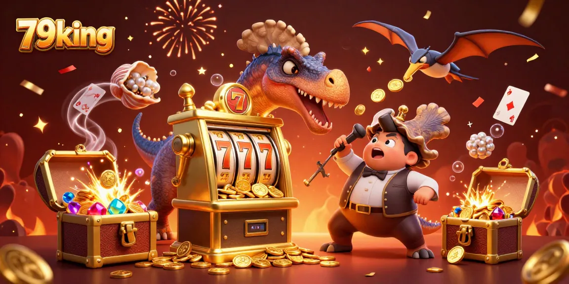 Experience thrilling action at 79king as playful dinosaurs interact with a winning slot machine in a vibrant casino.