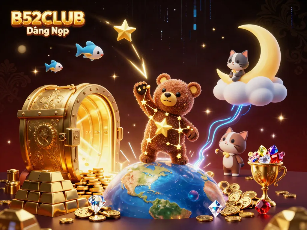 B52CLUB Đăng nhập showcases an enchanting view of a cartoon bear collecting coins with celestial creatures.