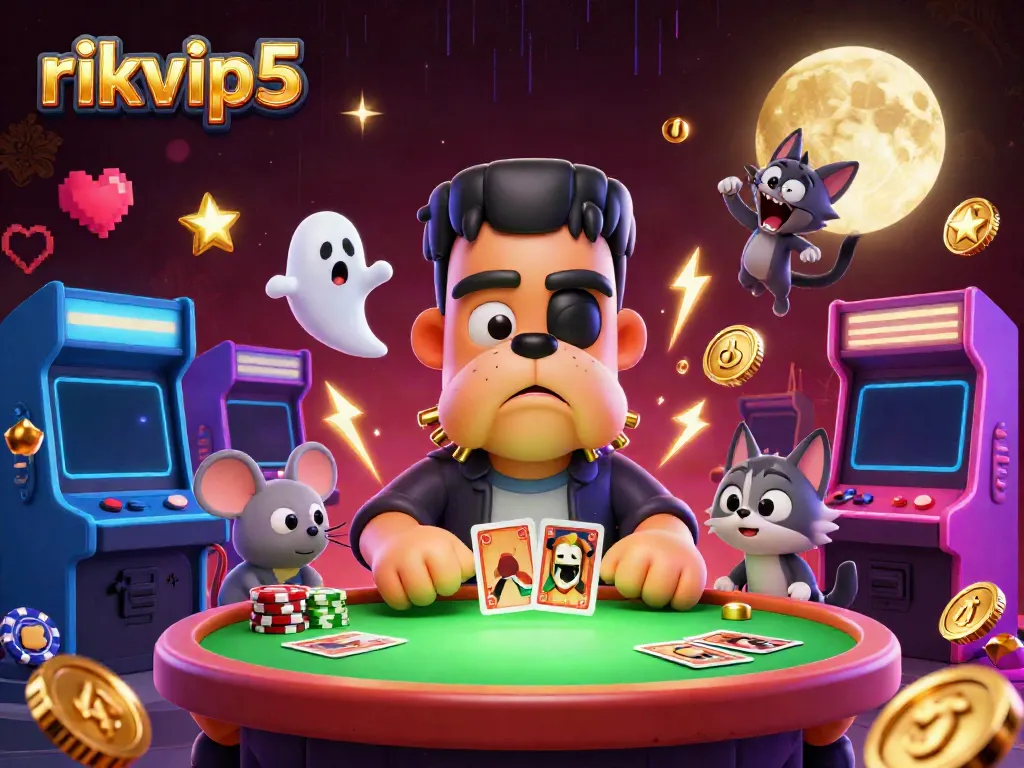 Experience the thrill of rikvip5 with a monster dealer at a haunted casino, surrounded by colorful gaming elements.