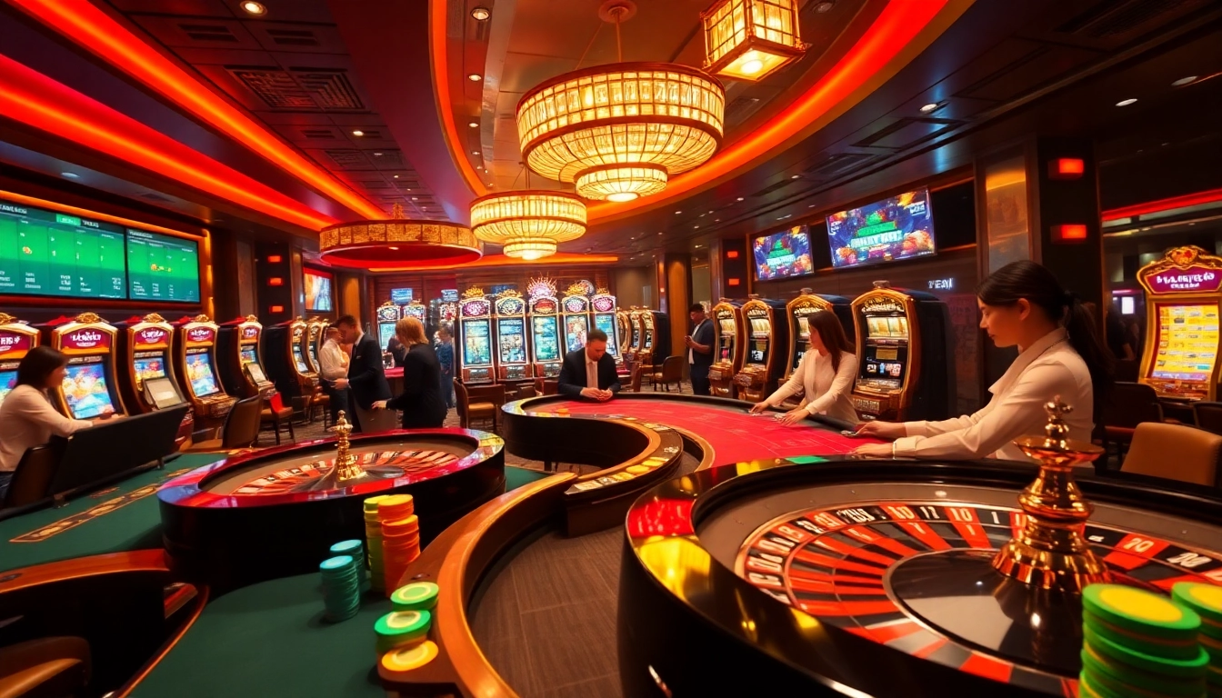 Experience thrilling gameplay at lucky88 with vibrant tables, poker chips, and slot machines.