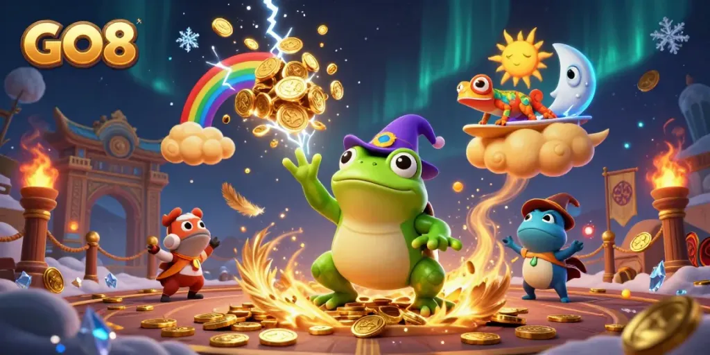 GO8 wizard frog unleashes a gold coin storm in a vibrant fantasy casino scene.