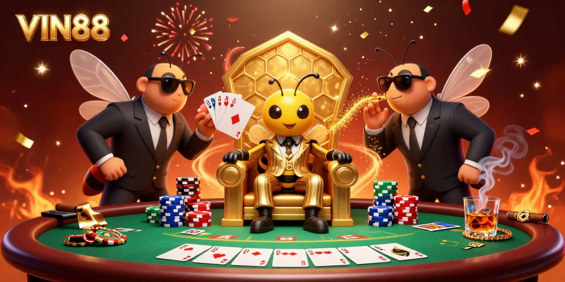 Experience thrilling gameplay at VIN88 with a 3D casino scene featuring a bumblebee mob boss and poker elements.