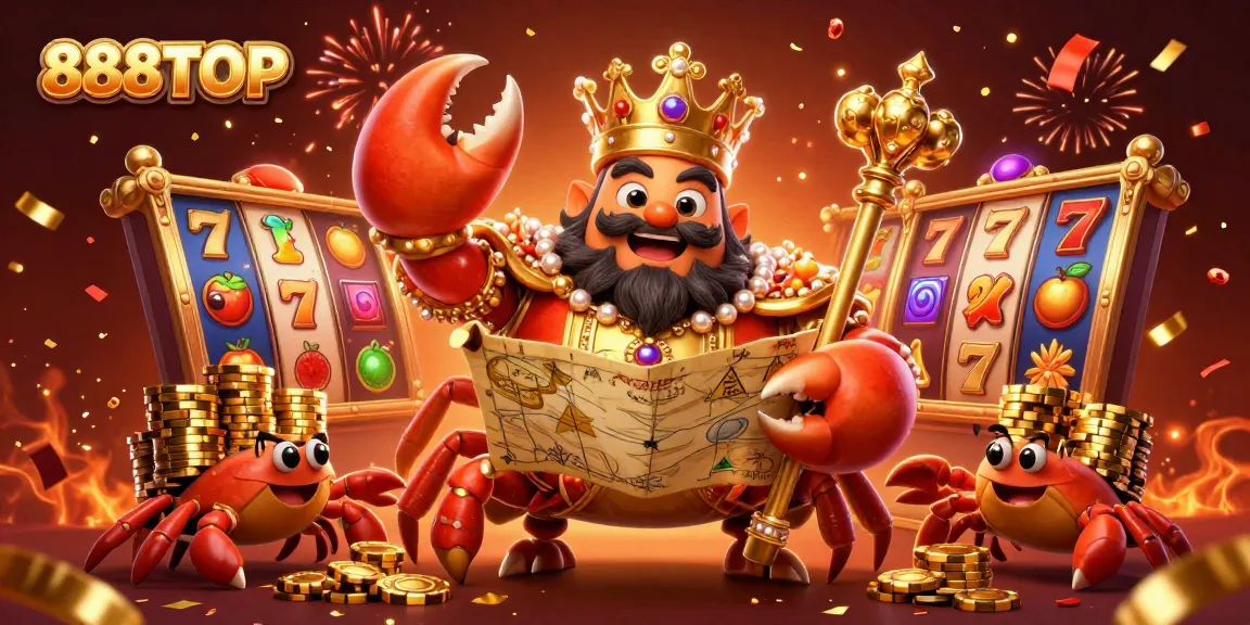 Play slots with 888TOP's golden crab emperor and vibrant casino visuals for a thrilling experience.
