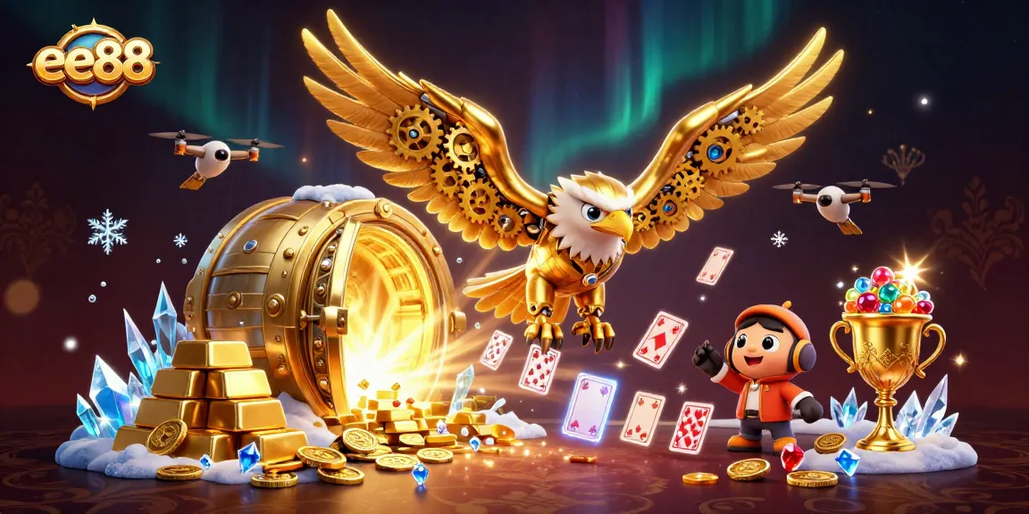 Experience the excitement of ee88 with a vibrant 3D illustration of a golden eagle and treasure elements.