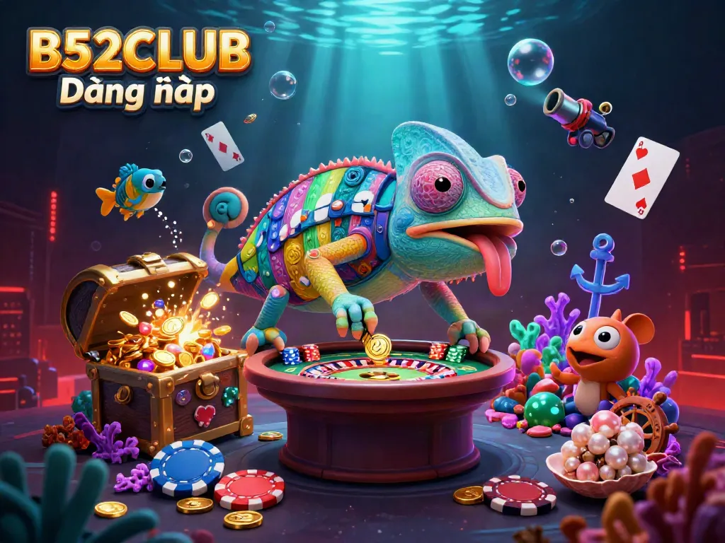 Experience the thrills of B52CLUB Đăng nhập with a vibrant chameleon casino owner amidst floating cards and glowing treasures.