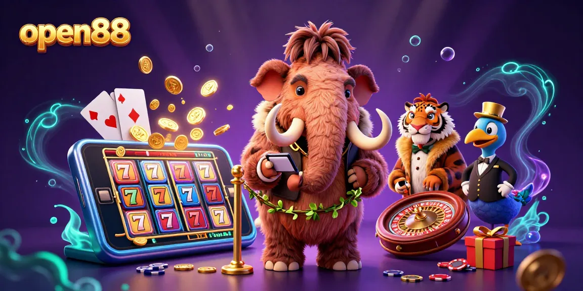 Experience the exciting world of open88 with vivid slot visuals and animated casino characters.