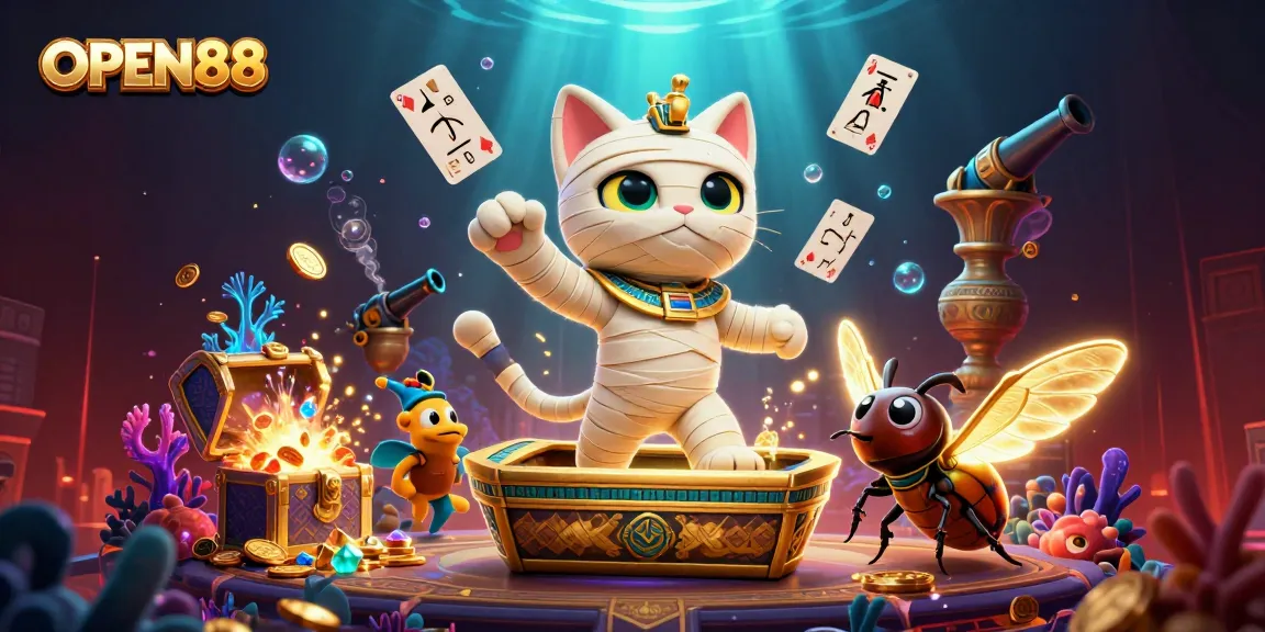 Engage with OPEN88 as an Egyptian mummy cat bursts from a sarcophagus in a vibrant pyramid casino scene.