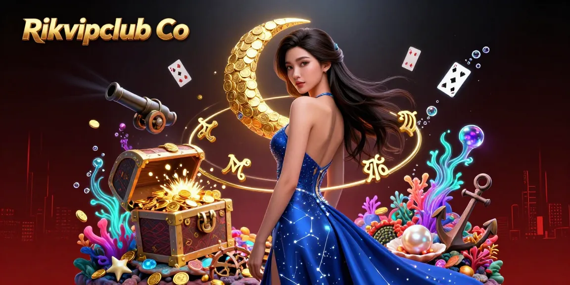 Engage with excitement at Rikvipclub Co, featuring an elegant character amidst an underwater treasure explosion and casino elements.