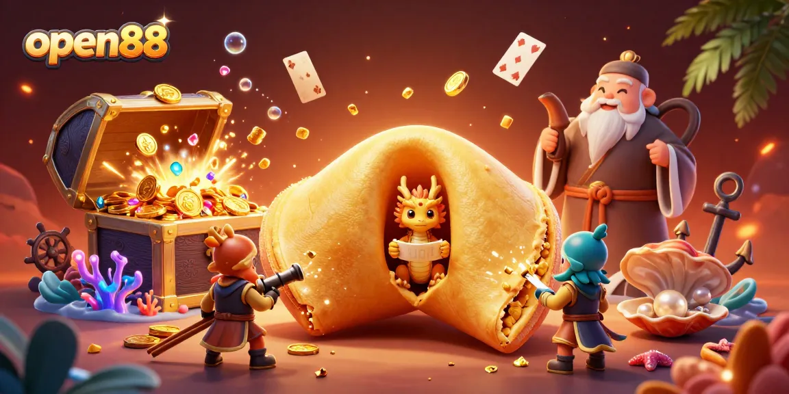 Experience the thrilling world of open88, featuring an enchanting dragon with a fortune cookie among floating playing cards.