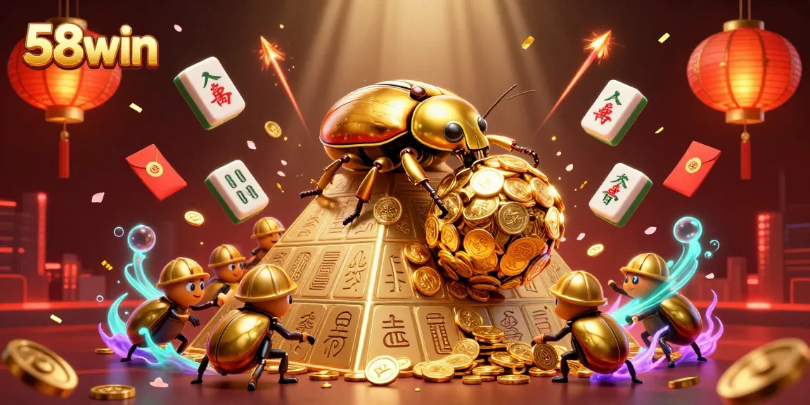 Engage in thrilling action with 58win as golden beetles transport casino fortunes under a dynamic night sky.