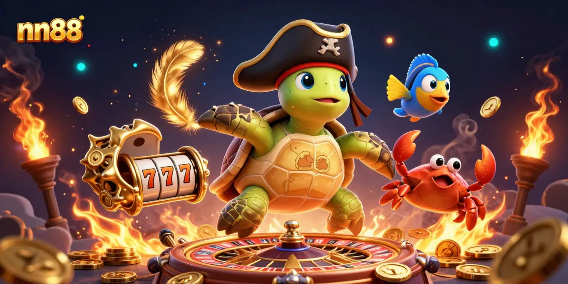 Join the adventure with nn88's themed casino scene featuring vibrant 3D characters and gambling elements.