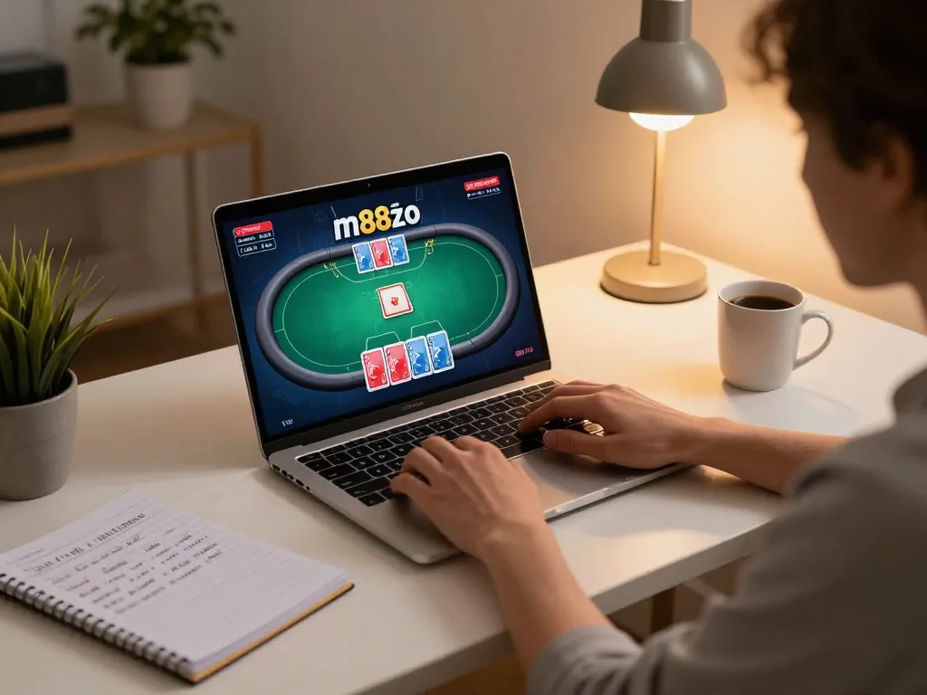 Engaging in m88zo online poker gameplay with vibrant screen displaying cards and strategies
