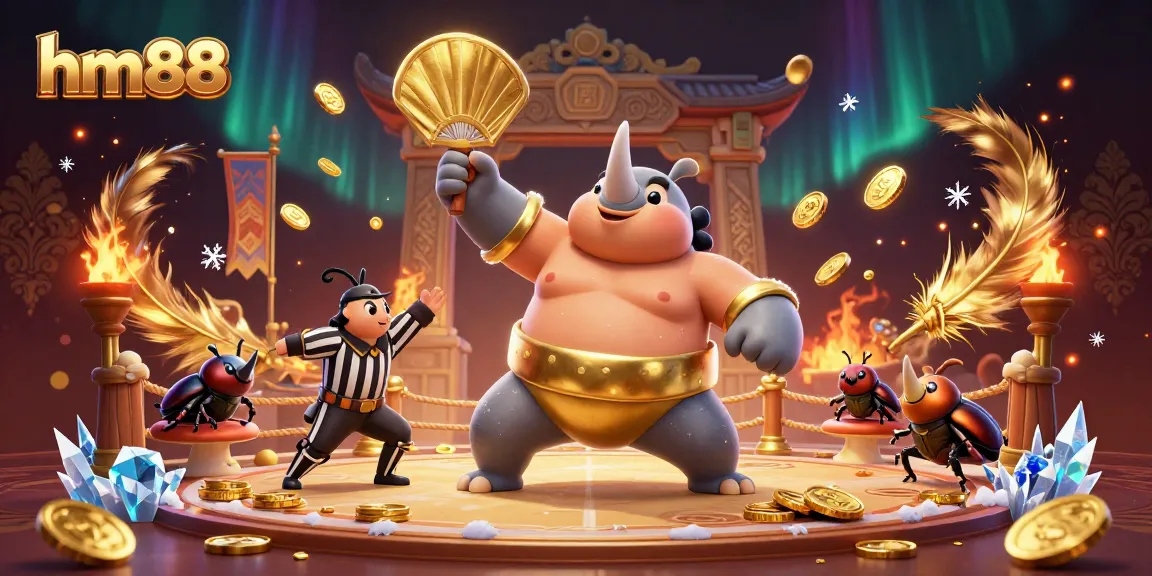 Experience thrilling gaming action with hm88 as a rhinoceros beetle sumo champion sends coins flying in a vibrant arena.
