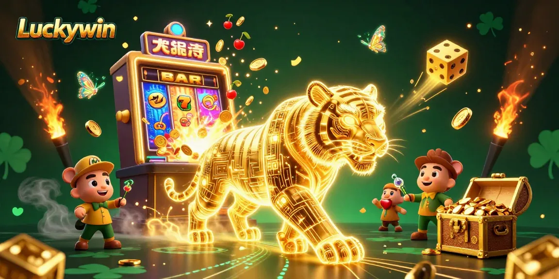 Experience thrilling gameplay at Luckywin with a golden tiger in a vibrant casino landscape.