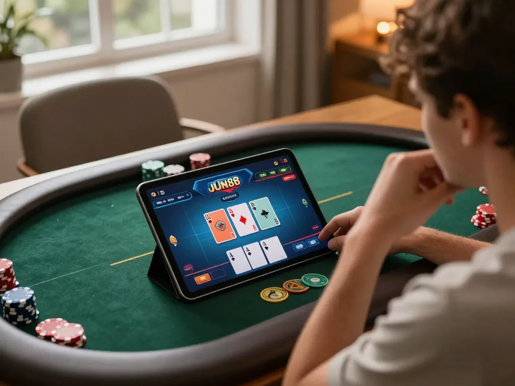Engaging in strategic gameplay on Jun88 poker platform, showing focused player and vibrant game interface
