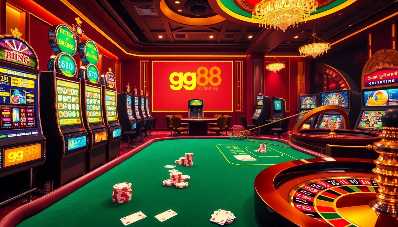 Experience thrilling gameplay with gg88 apk in a vibrant casino atmosphere filled with slot machines and poker tables.