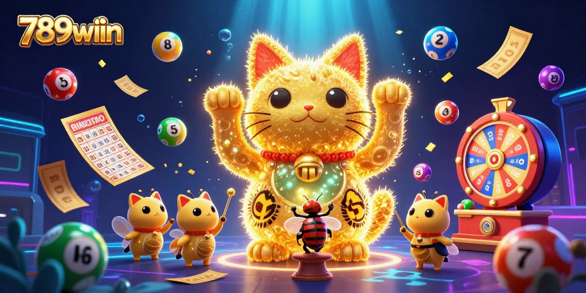 Win big at 789wiin with a vibrant 3D lucky cat scene featuring colorful lottery elements.