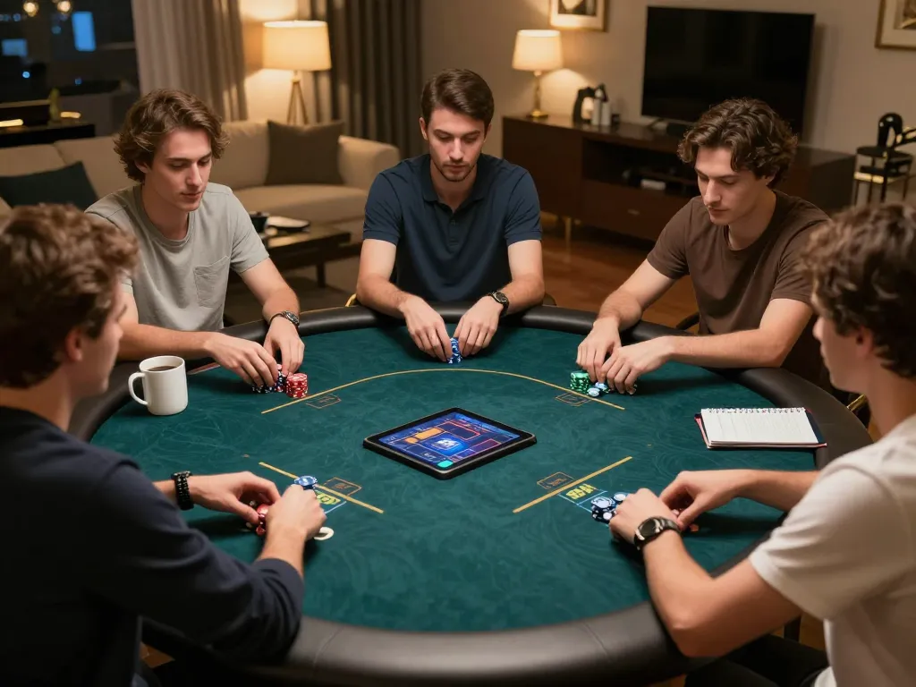 Players actively strategizing during an online poker game on mm88br at home, showcasing competitive atmosphere.