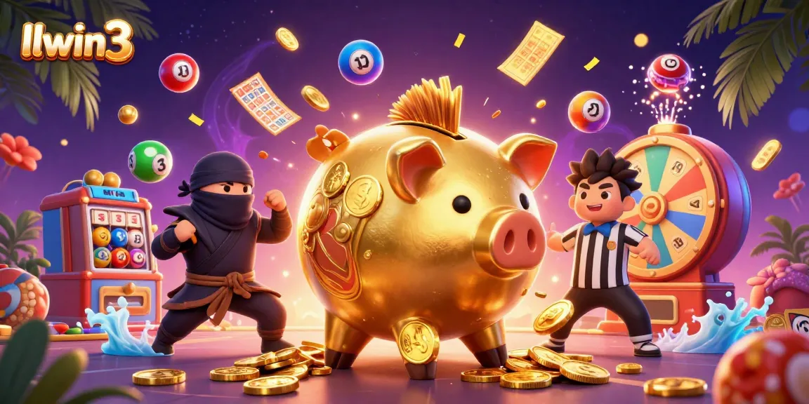 llwin3 brings excitement as a golden piggy bank sumo wrestler coins rain in a lively casino scene.