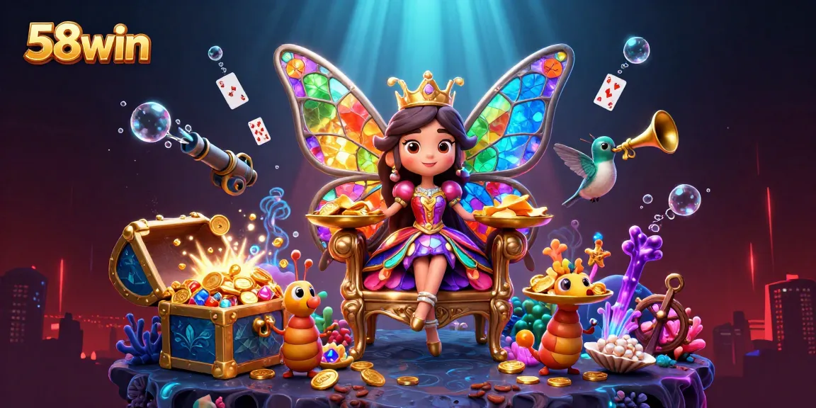Experience the thrill of 58win's vibrant games and premium features through this dynamic 3D illustration.
