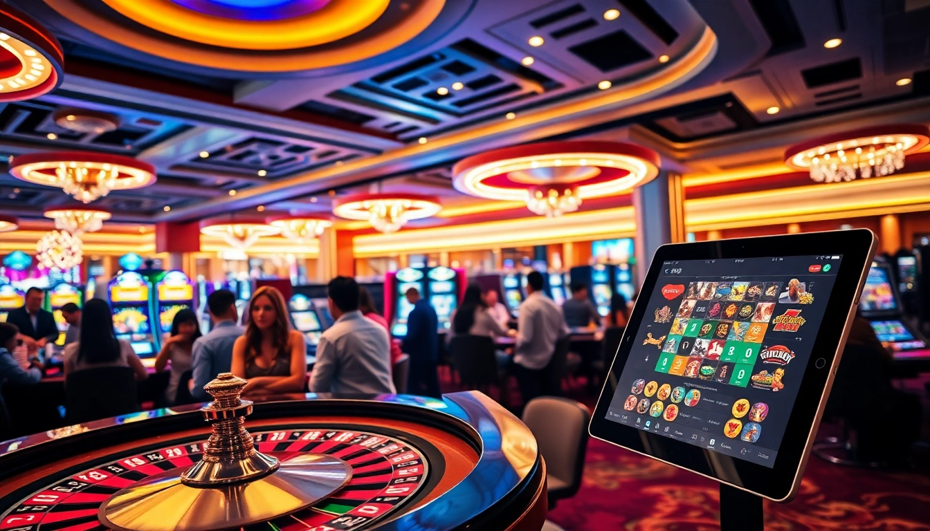 Excited gamblers play at a luxurious casino floor representing cm88 with poker chips and slot machines.