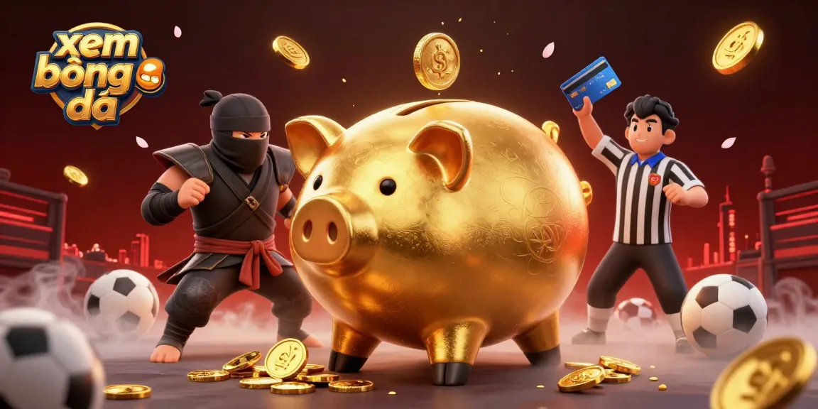 Experience xem bóng đá with dynamic sports scene featuring a golden piggy bank sumo wrestler, interactive elements, and vibrant visuals.