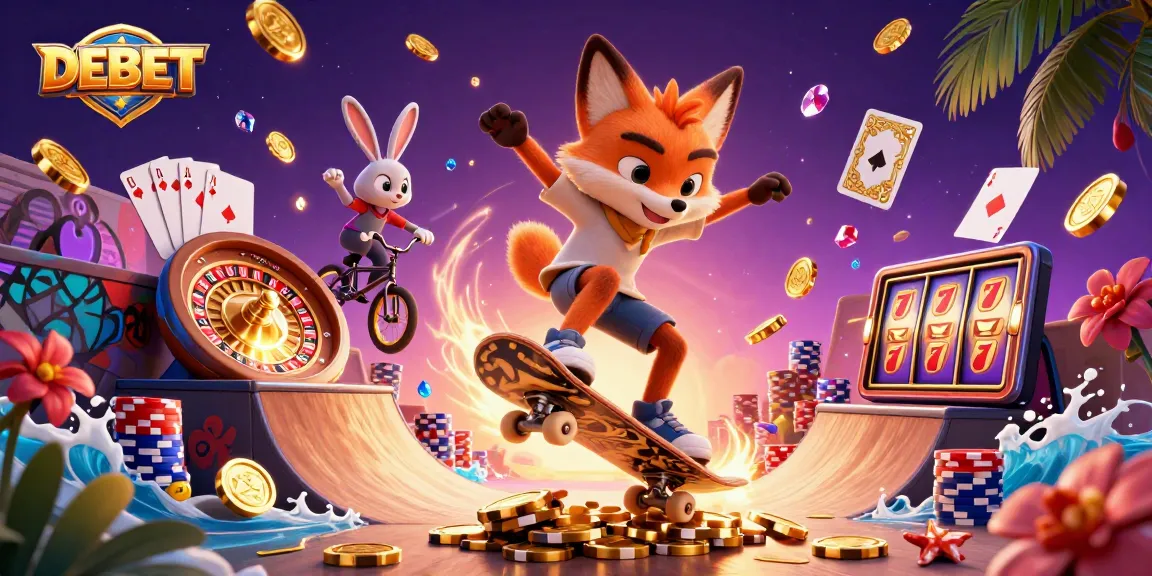 Experience thrilling gameplay with DEBET at a dynamic casino-themed scene showcasing vibrant characters and elements.