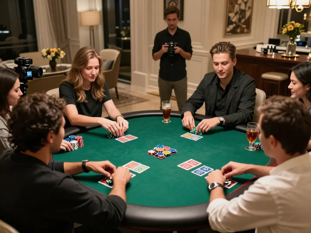 Link rr88 players strategizing during a friendly poker game in an elegant home setting