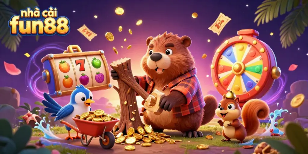Join the fun at nhà cái fun88 with vibrant slot reels and charming characters in a dynamic casino scene.