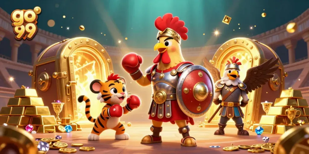 Experience excitement at go 99 with 3D gladiator rooster and colorful treasure, gems, and casino games.