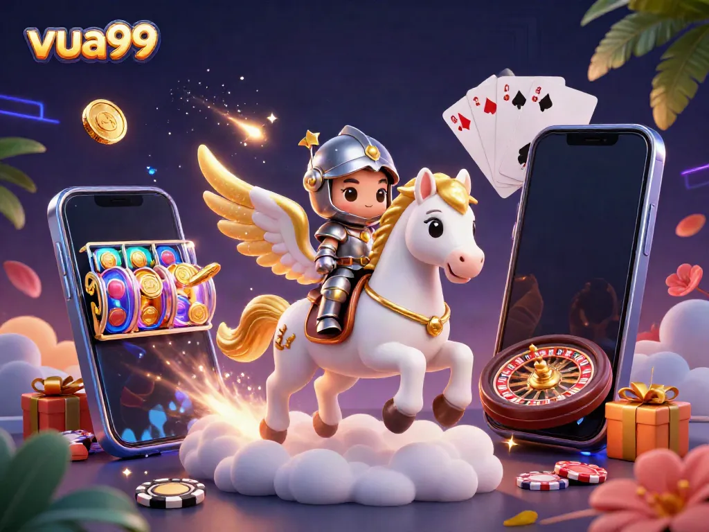 Win big with slots and gaming at vua99, featuring vibrant 3D illustrations and casino elements.