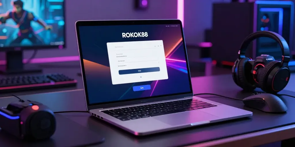 ROKOK88 login screen displayed on a laptop in a vibrant gaming workspace.