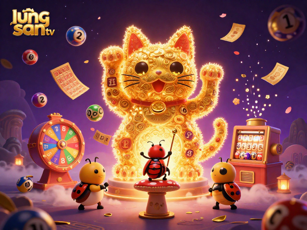 Engage with lương sơn tv through an energetic scene of a lucky cat made of golden fireflies and casino symbols.
