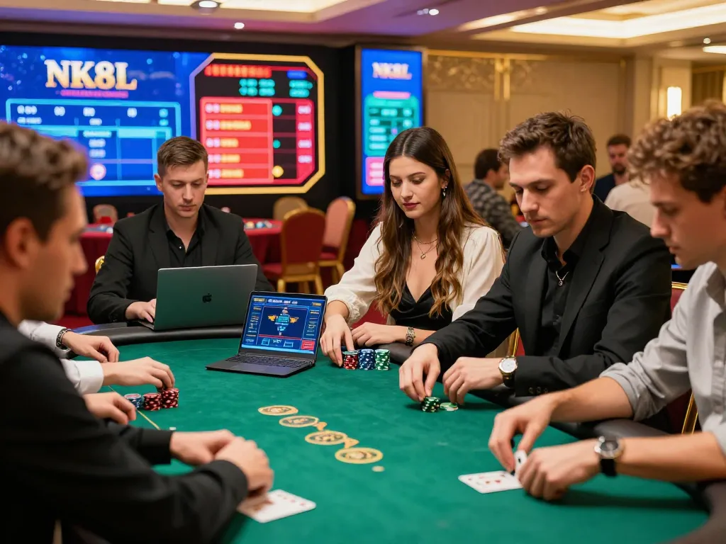 Players at NK88 excitedly strategizing during a poker game with vibrant graphics.