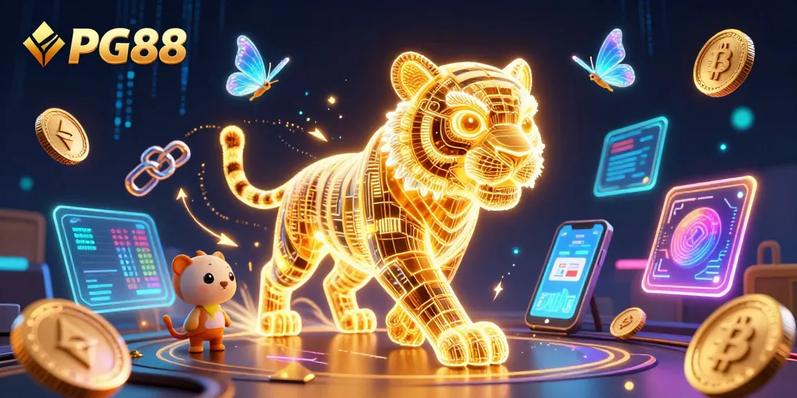 Bet on PG88 with an electrifying casino scene featuring a neon-wireframe tiger and crypto elements.