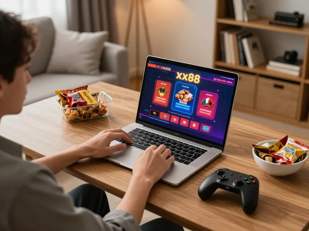 Enjoying online gaming with xx88 interface in a cozy home setting
