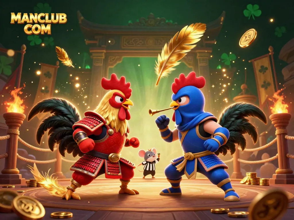 Engaging scene featuring fighting roosters in a dynamic standoff for MANCLUB COM, complete with gold coins and vibrant casino elements.