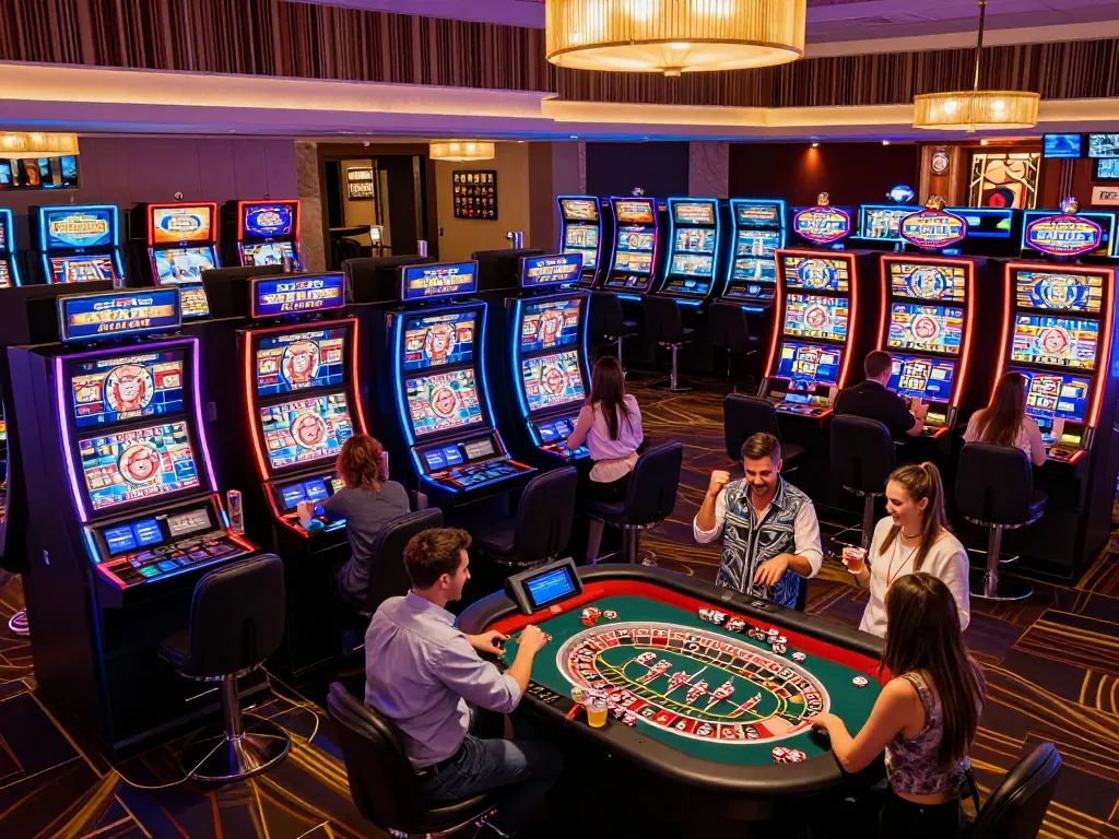 Players enjoy thrilling slot games at RR88 casino, celebrating wins with vibrant atmosphere.