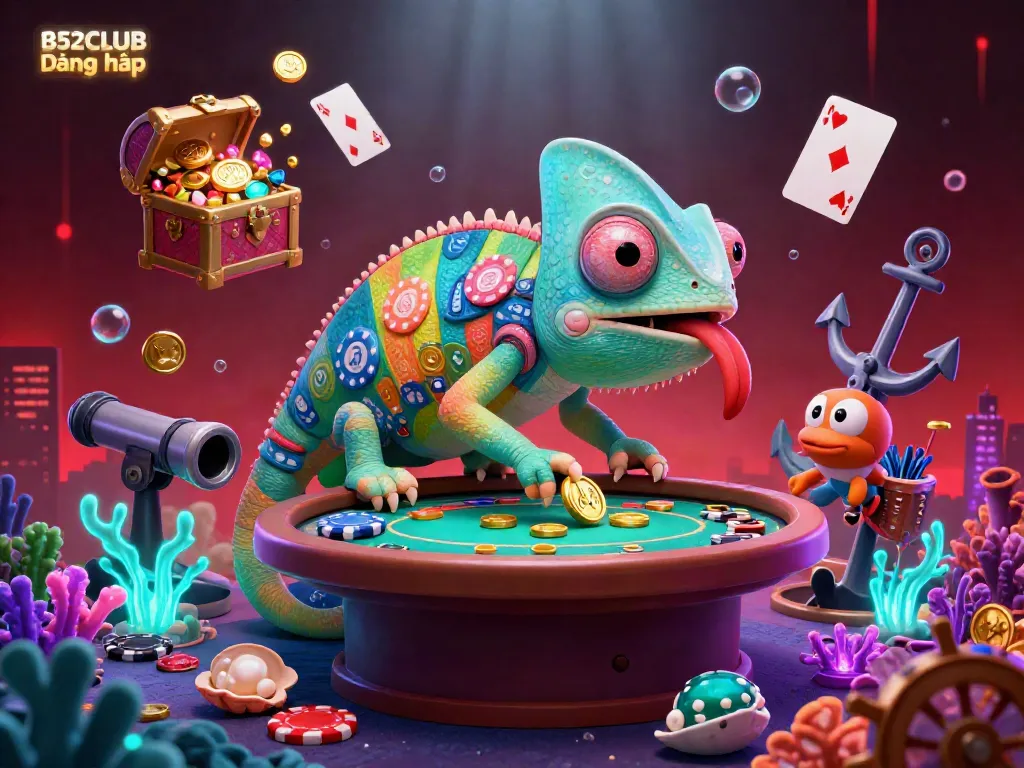 B52CLUB Đăng nhập illustration featuring a chameleon casino owner with vibrant poker chip colors amidst underwater treasures