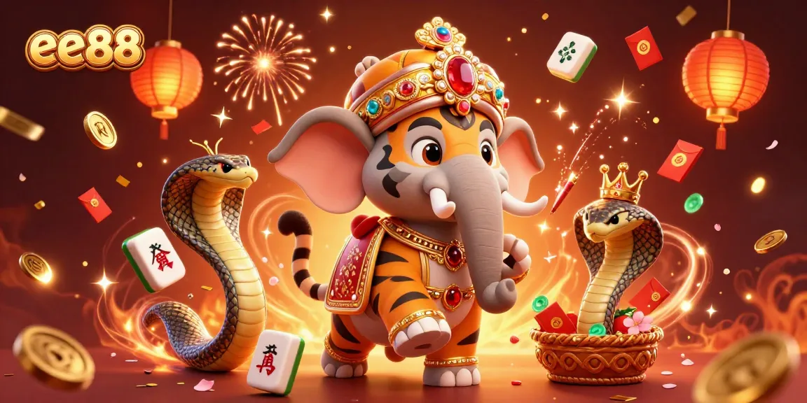ee88 showcases a vibrant 3D digital illustration of a maharaja tiger and joyful casino elements.