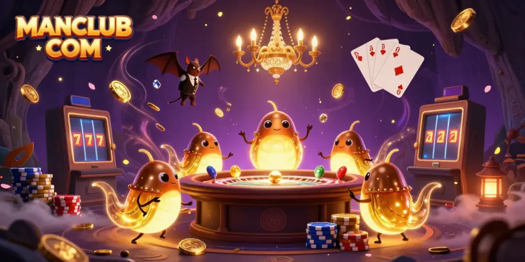 Experience thrilling gameplay at MANCLUB COM in a vibrant 3D casino scene with dynamic glowworms.