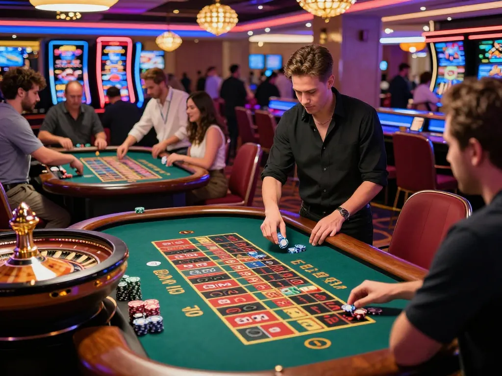 XX88 roulette players placing bets at a vibrant casino table, showcasing live gaming excitement.